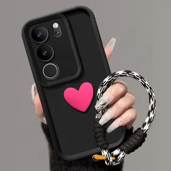 3D Love Heart Hand Strap Back Cover for vivo Y04 4G (Rose Black)