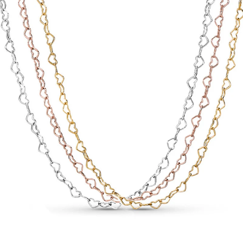 

Original Rose Gold Joined Hearts Chain Link Necklace 925 Sterling Silver Necklace For Fashion Bead Charm DIY Jewelry