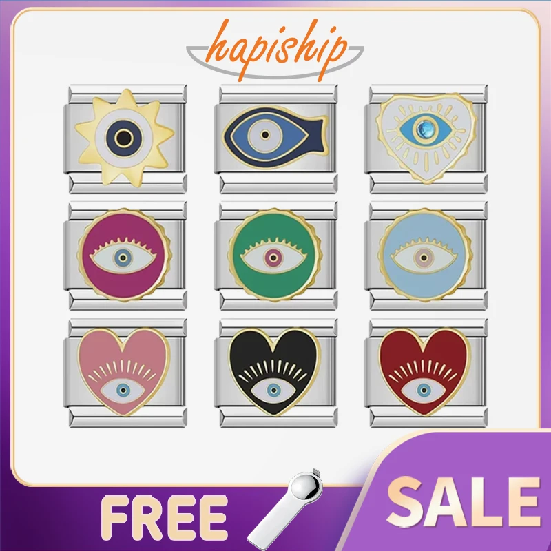 Hapiship 2024, moda Popular, corazón romántico, dije de ojo redondo, eslabones italianos aptos para pulsera de 9mm, fabricación de joyería DIY para mujer DJ1105-A