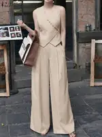 ZANZEA Women Pant Sets Irregular Buttons Vests Wide Leg Trouser Pant Suits Stylish Elegant 2pcs Outfit Streetwear Office Tops - Image 3