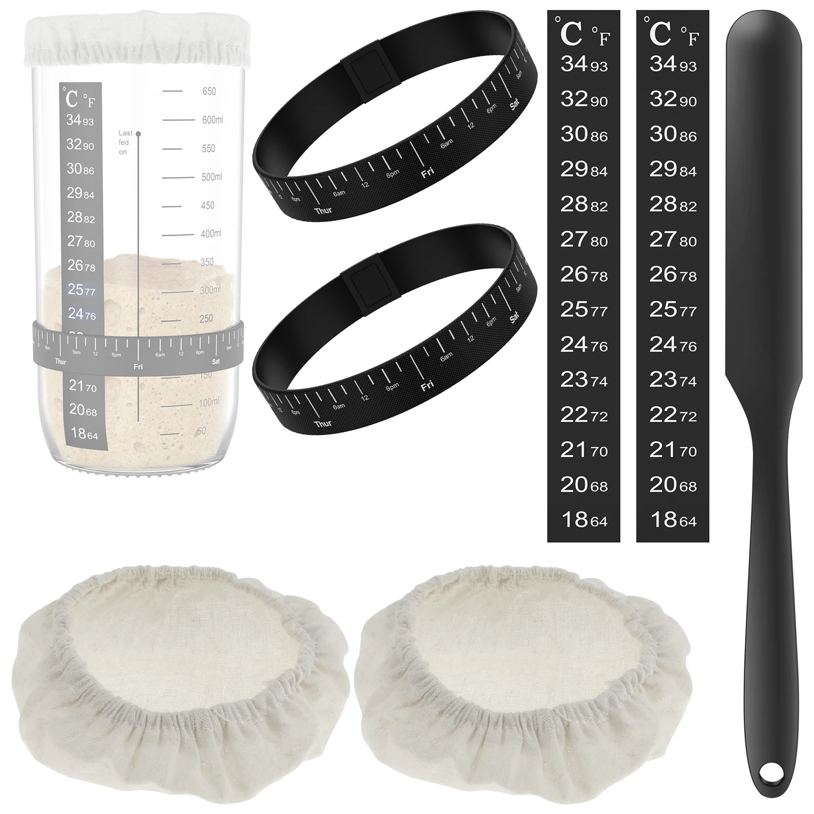 7Pcs Sourdough Starter Kit with Cloth Covers Temperature Date Marked Feeding Bands and Scraper for 3-4 In Jars Baking Supplies