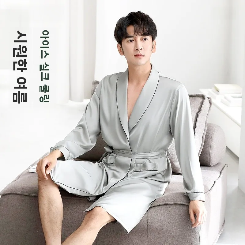 남성용 여름 얇은 아이스 실크 수면 가운 목욕 가운 겉싸개 세트 커플용 모닝 가운 롱 파자마 홈웨어 편안한 의류