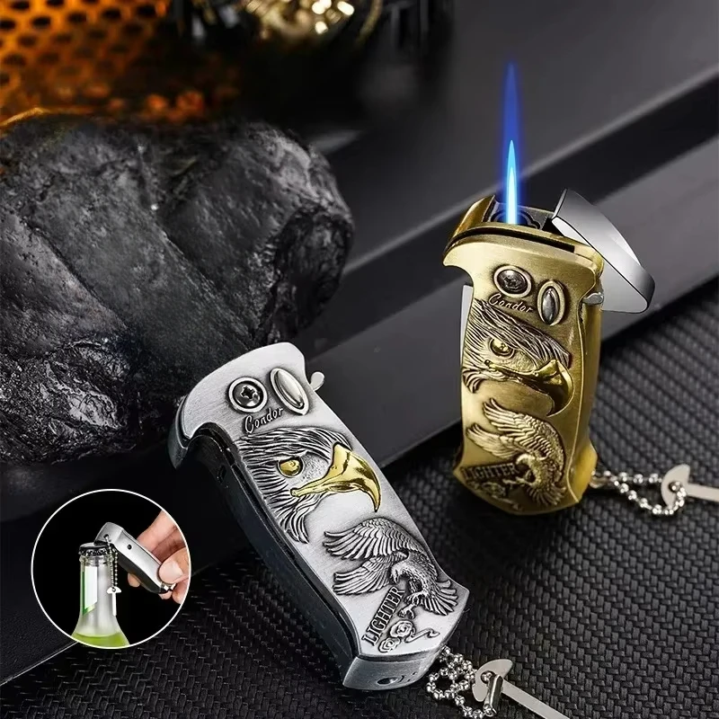New Metal Multifunctional Inflatable Lighter with Bottle Opener, Folding Knife, 3D Relief Pattern Portable Lighter Men's Gift 3