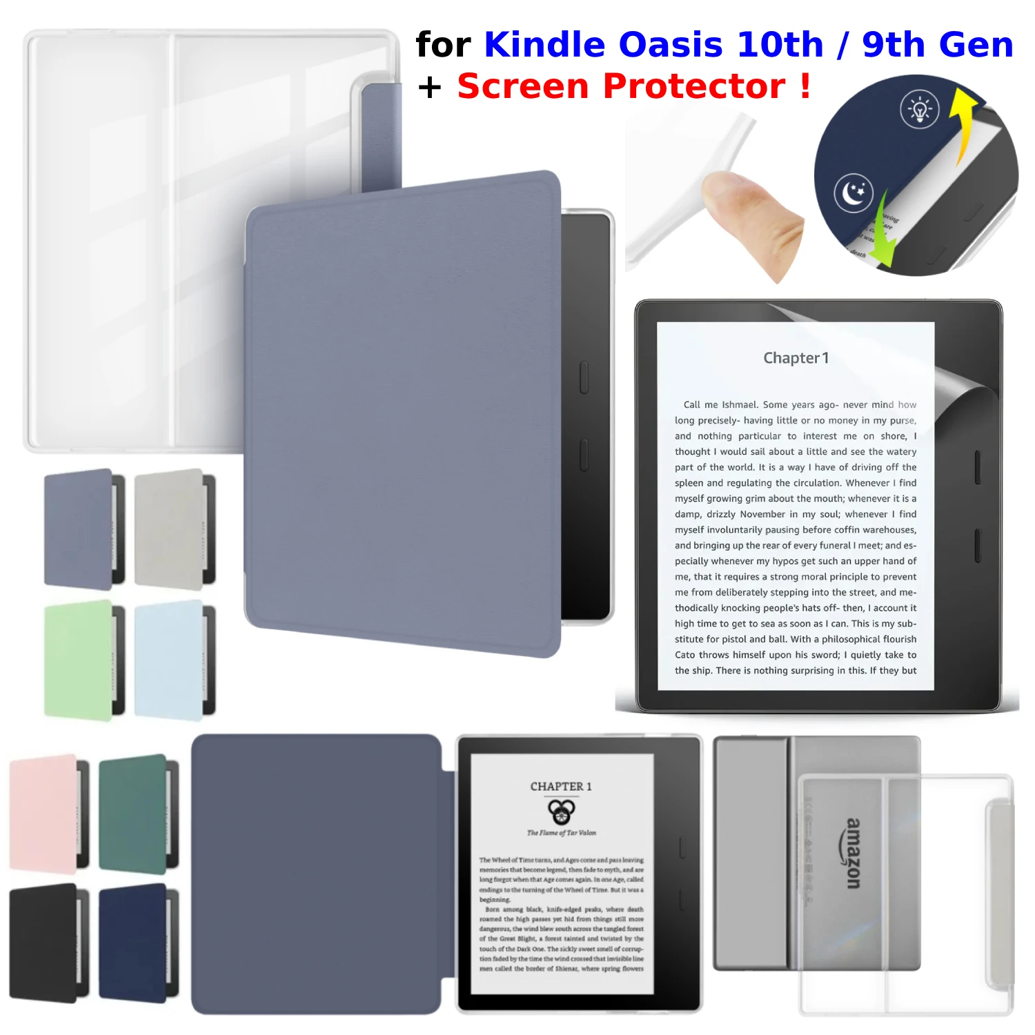 Premium PU Leather & Transparent Acrylic Sleep Cover for Kindle Oasis 7 with Screen Protector