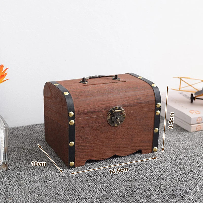 1 Set With Lock Piggy Bank Organizer Saving Case For Home Decoration Vintage Storage Box Wooden Treasure Chest_voghion.com