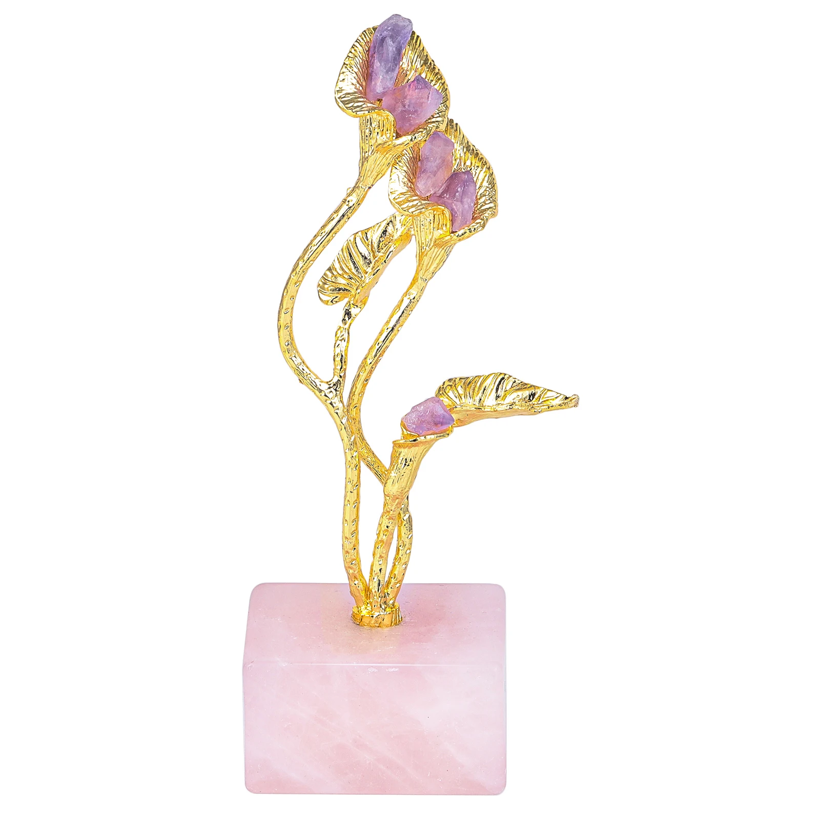 Healing Raw Amethyst Crystal Calla Lily With Natural Rose Quartz Base For Desktop Ornaments Home Decoration