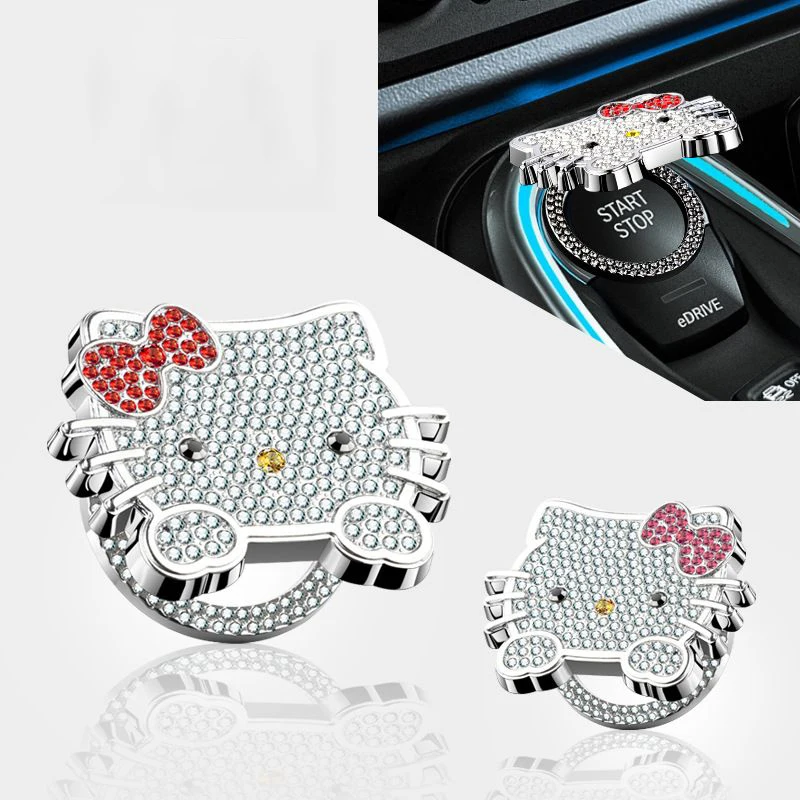 

Sanrio Anime Hello Kitty Car One Click Start Decorative Cover Start Full Drill Ignition Switch Protection Cover Car Accessories