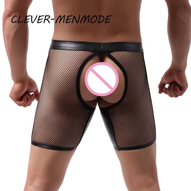 Men's Sexy Boxer Shorts Removable PU Penis Pouch Crotchless Underwear U Convex Open Butt Trunks See Through Mesh Exotic Lingerie men underwear
