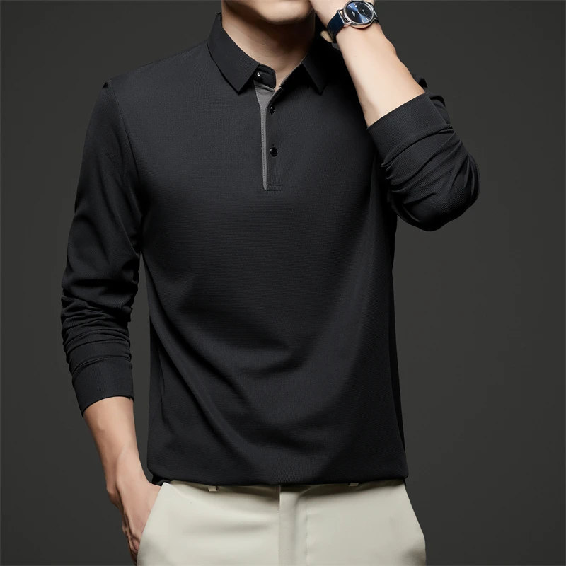 Neues Herren-Poloshirt, Business-Casual, langärmelig, einfarbig, modisch, warm, bequem, vielseitiges Oberteil für vier Jahreszeiten – Detail 36