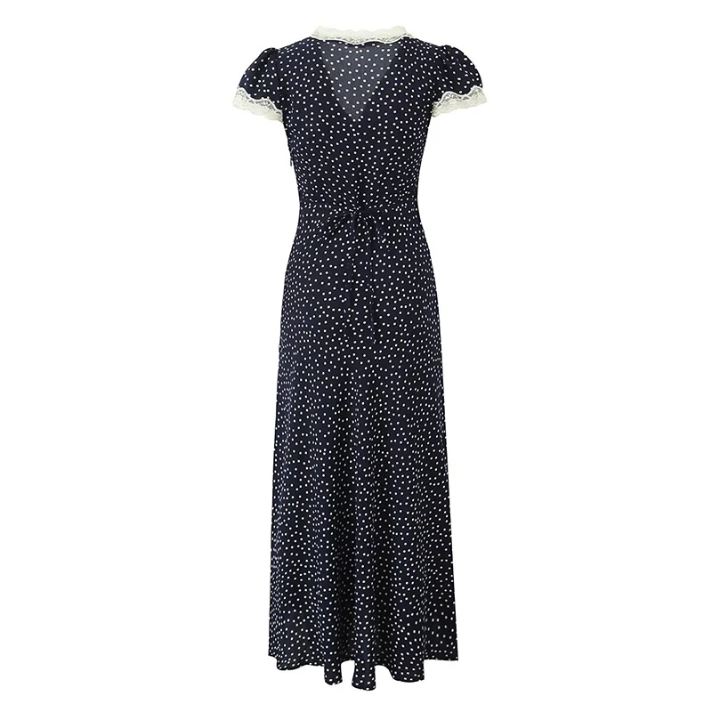 YENKYE 2025 Women Navy Blue Polka Dot Long Dress Lace Trim V Neck Short Sleeve A-line Elegant Holiday Dresses Summe Maxi Robe 2