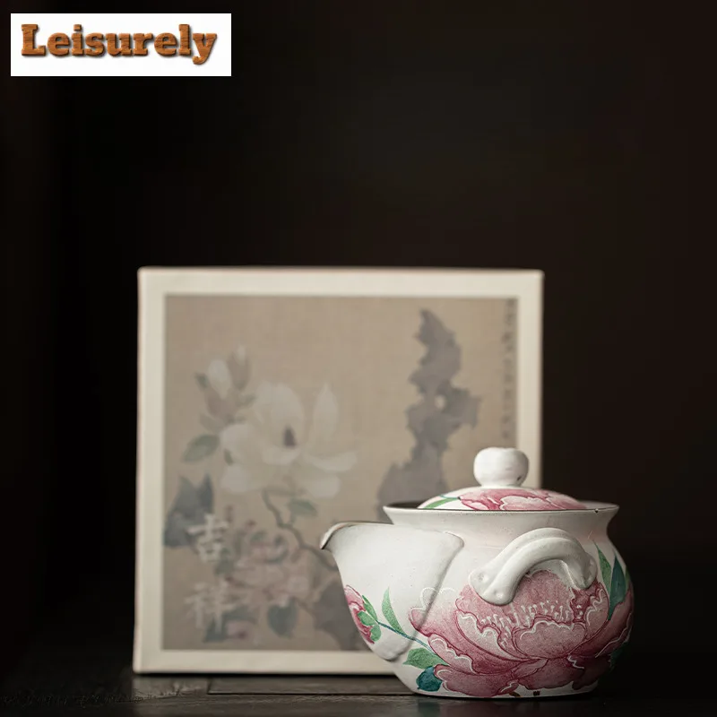 200ml Old Rock Clay Light Makeup Peony Handheld Teapot Antique Tea Infuser Pot Tea Soaking Kettle with Strainer Teaware Craft