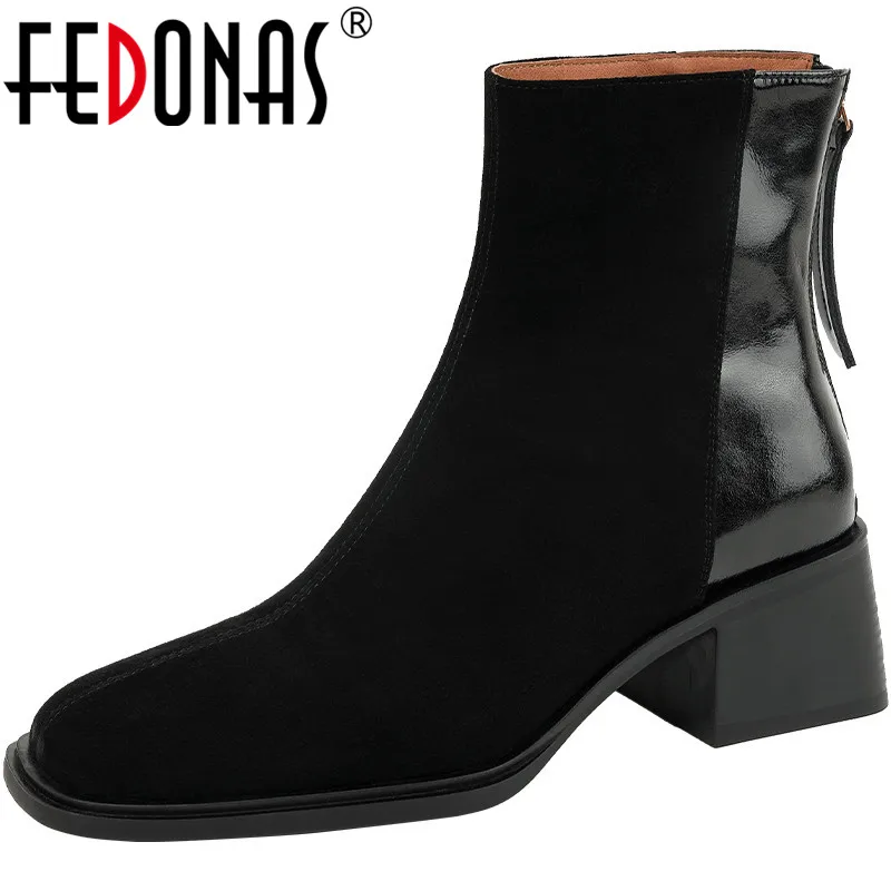 

FEDONAS Women Ankle Boots Quality Genuine Leather Splicing Classic Autumn Winter Mature Concise Office Thick Heels Shoes Woman