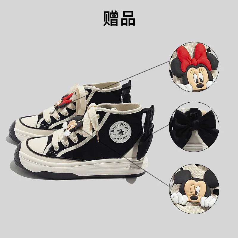 Disney New Mickey Minnie wysokie topy płócienne buty damskie modne czarna kokarda buty o wysokim kroju antypoślizgowe studenckie buty sportowe