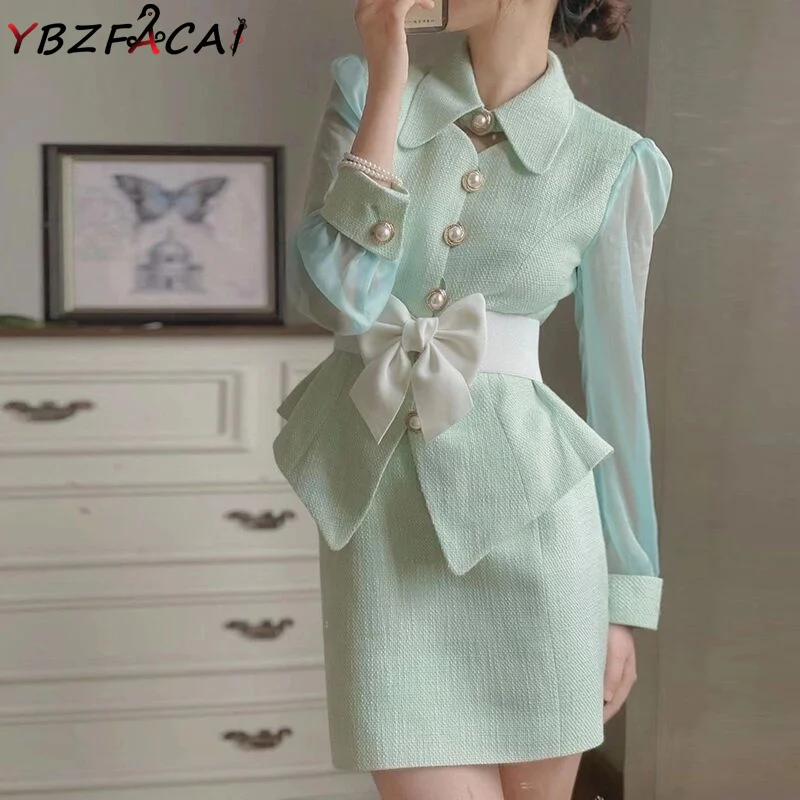 

Women Green Tweed Suit Fall Retro Long Sleeve Lapel Pearl Buckle Bow Belt Top A-Line Skirt Elegant Suit Women Summer Plaid Dress
