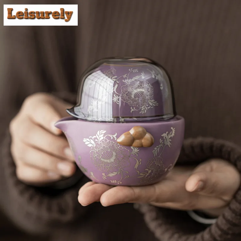 Purple Ru Porcelain Gilded Silver Peony Lotus Travel Tea Set Kit Zen 1 Pot 2 Cups Tea Making Organizer Portable Picnic Handbag