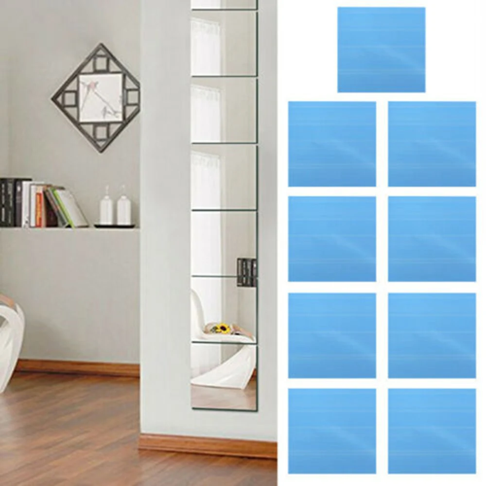 Square Mirror Tile Wall Stickers 9 Pcs Decal Home Living Room Bathroom Decoration DIY Splicing Decor Acrylic 15x15cm Silver
