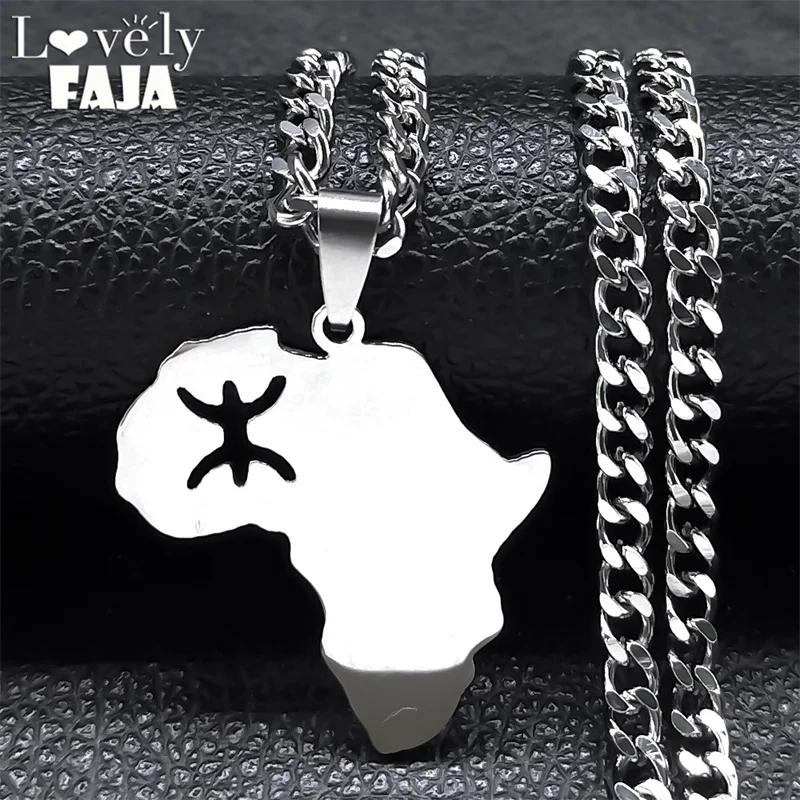 Edelstahl Berbers Afrika Karte Halskette Frauen Männer Silber Farbe Amazigh Buchstabe Kabyle Berbere Halsketten Schmuck 8087