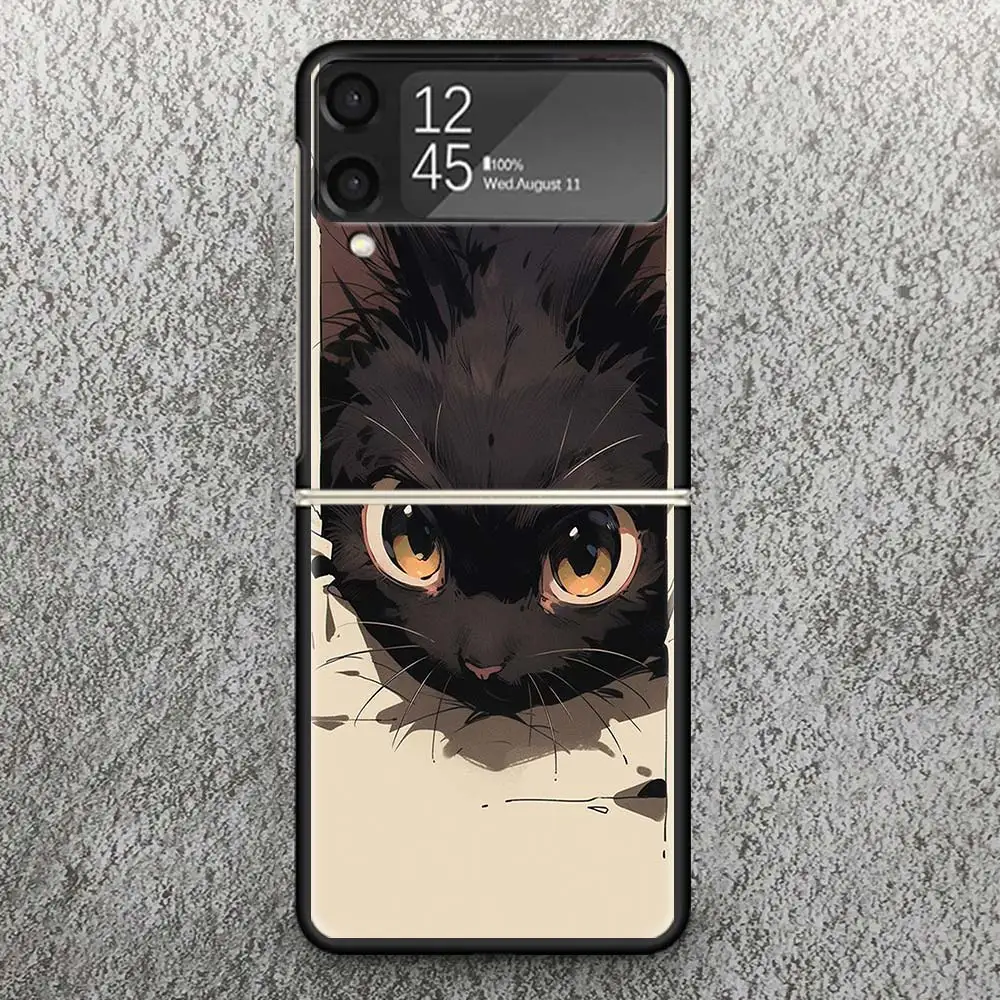 Anime Cute Black Cat Meow Zflip4 Zflip5 Phone Case For Samsung Z Flip3 Flip4 Flip5 5G ZFlip 4 5 3 Cover Cellphone Shell Fundas