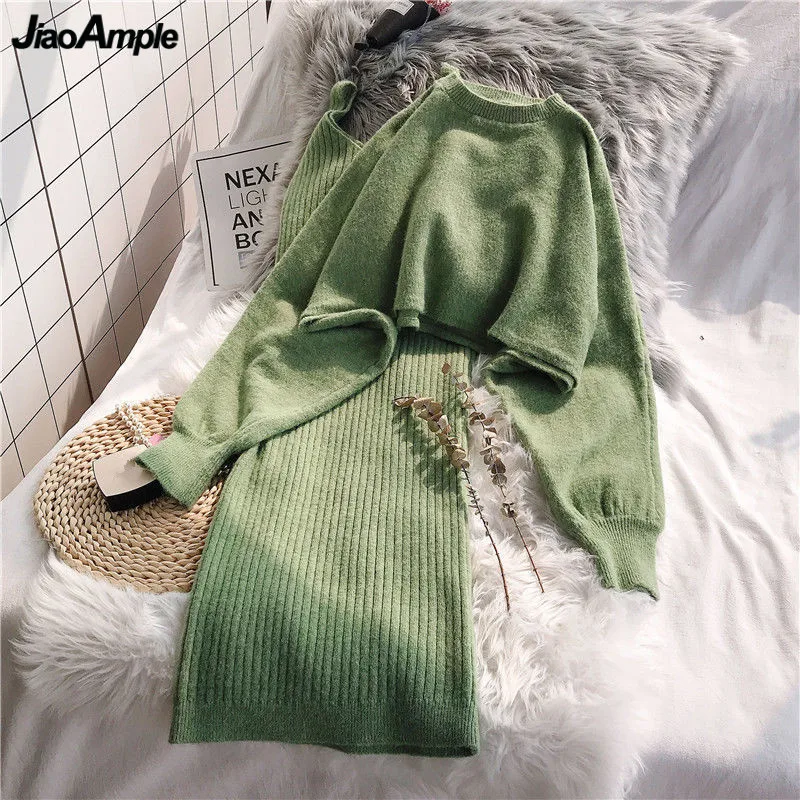 Women's Autumn Winter Two Piece Dress Set Korean Lady Graceful Loose Sweater Pullover Sleeveless Dress Outfits Solid Clothing