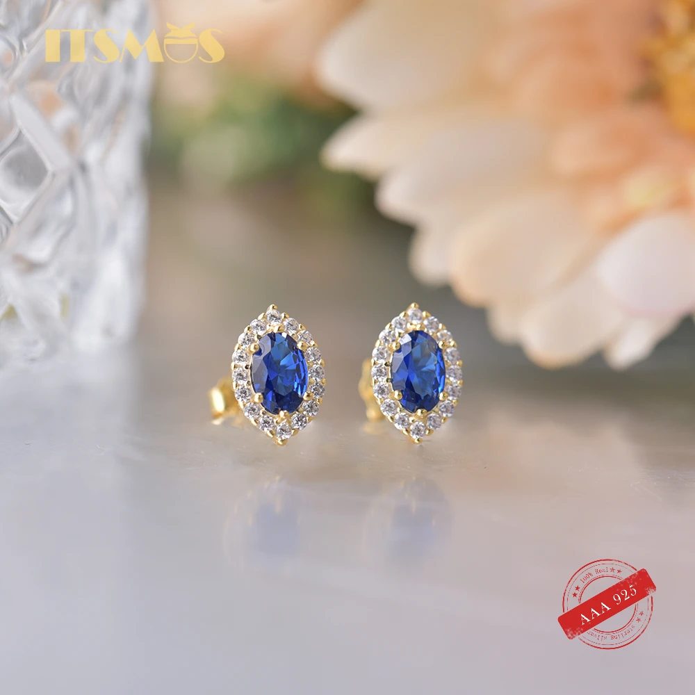 ITSMOS 925 Sterling Silver Blue Created Sapphire Stud 14k Gold-plated Gemstone Earrings Halo Princess Post Earrings for Women