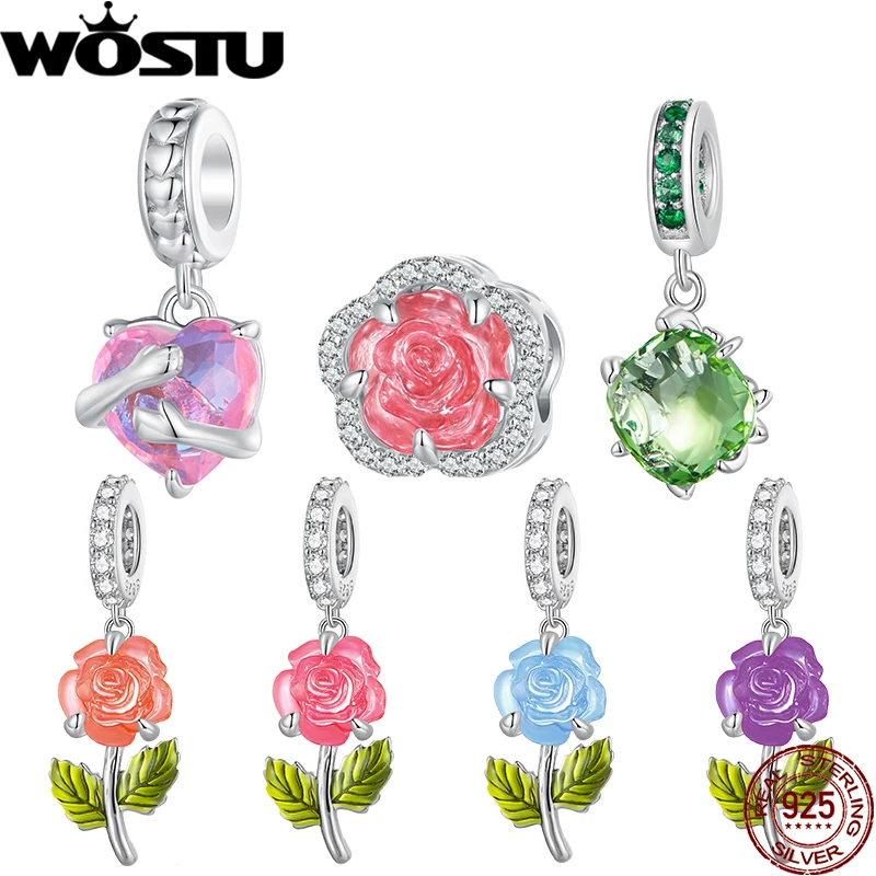 

WOSTU 925 Sterling Silver Color Change Resin Rose Flower Charm Crystal Pink Heart Hug Pendant Fit Original DIY Bracelet Necklace