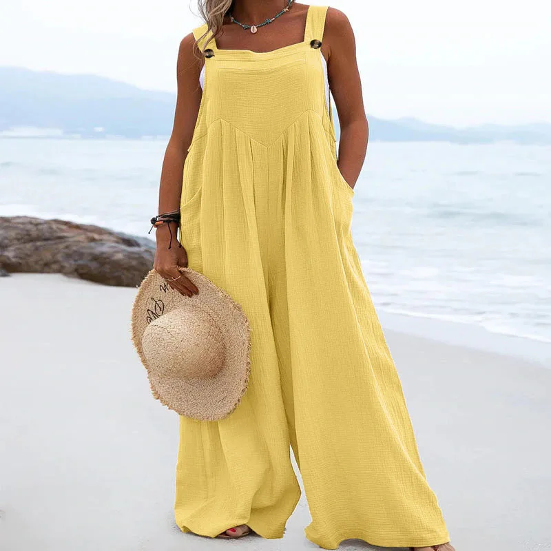 2023 Spring and Summer New Temperament Versatile Women's Folk Fashion Trend Button Solid Color Wide Leg Sleeveless Jumpsuit