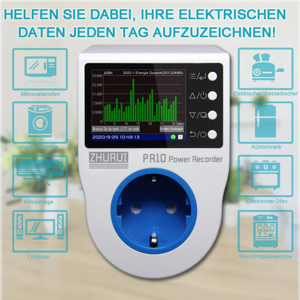 ZHURUI PR10-C UE niemiecka wtyczka 16A/Power /Watt/gniazdo/energia/licznik energii elektrycznej