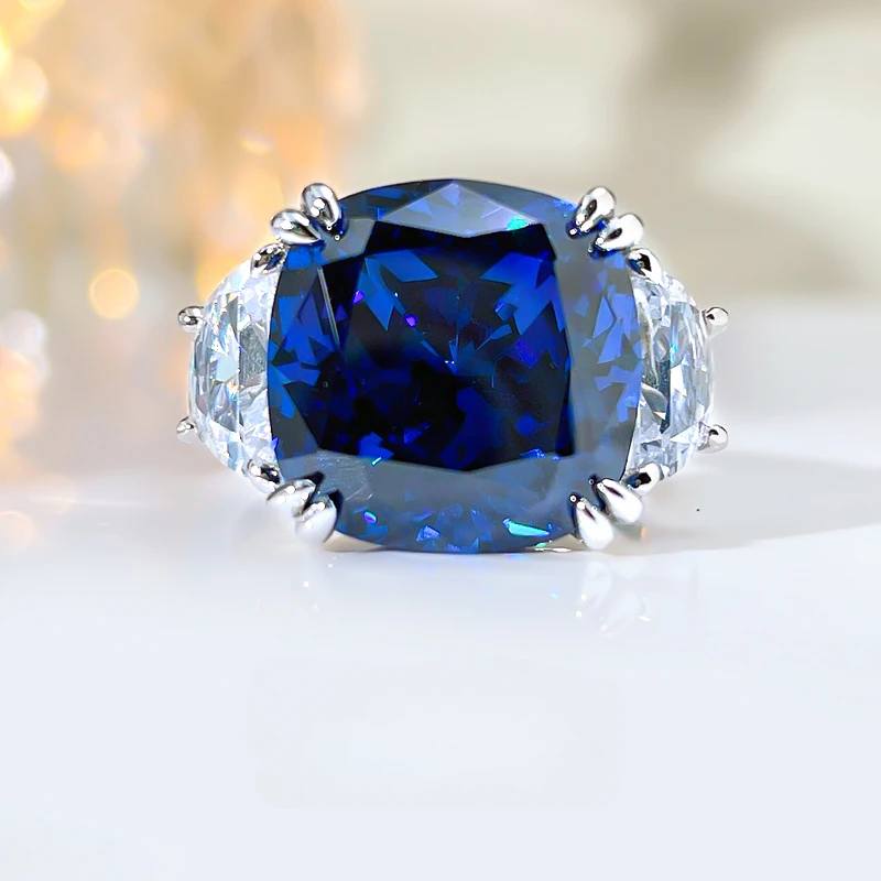 

New S925 Silver 13*13 Royal Blue High-end European and American Ins Style Ring for Wome Engagement Wedding Fashion Jewelry