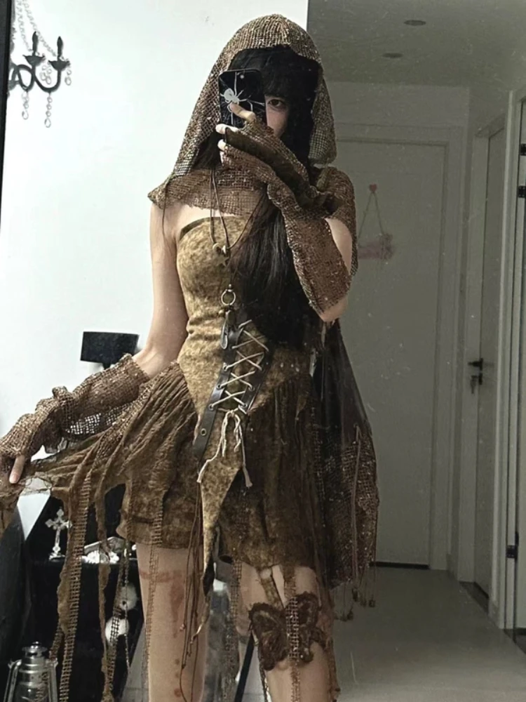 Spring Gothic Brown Vintage 3 Piece Set Women Sexy Lace Y2k Party Mini Pants Suit Female Korean Fashion Retro Designer Outfits 2