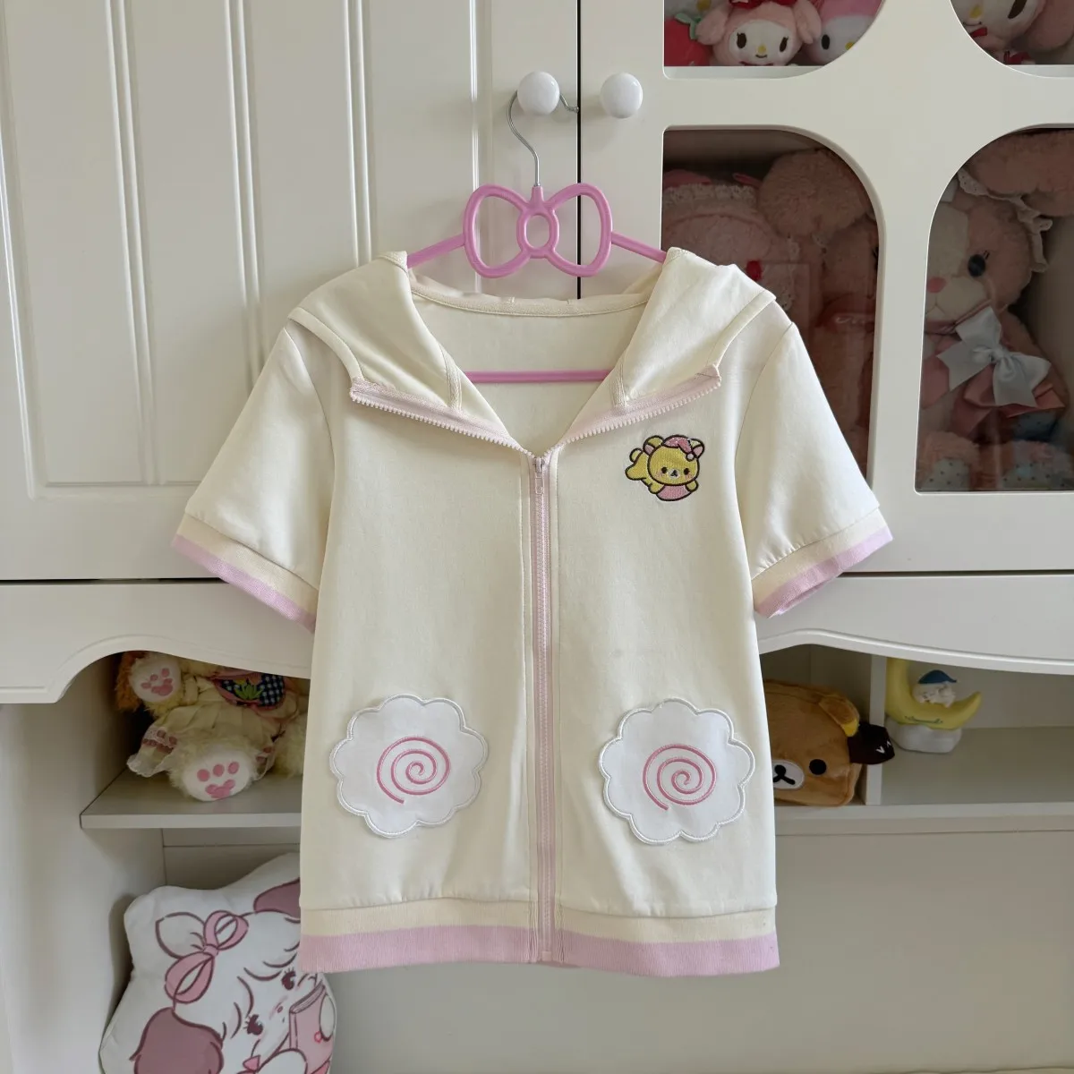 Bear Embroidered Short Sleeve Top Japanese Style Cute Soft Girl Summer Hooded Short Sleeve Zipper Jacket Women Slimming Top