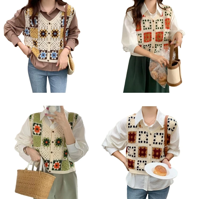 Elegant Hollow Floral Waistcoat Women Buttons Front Camis Tops Crochet Ethnic Style Sweater Vest for Summer Autumn Daily women buttons vest 2021 fashion knitted cartoon jacquard sweater loose vintage waistcoat chic oversize tops girls clothes outfit