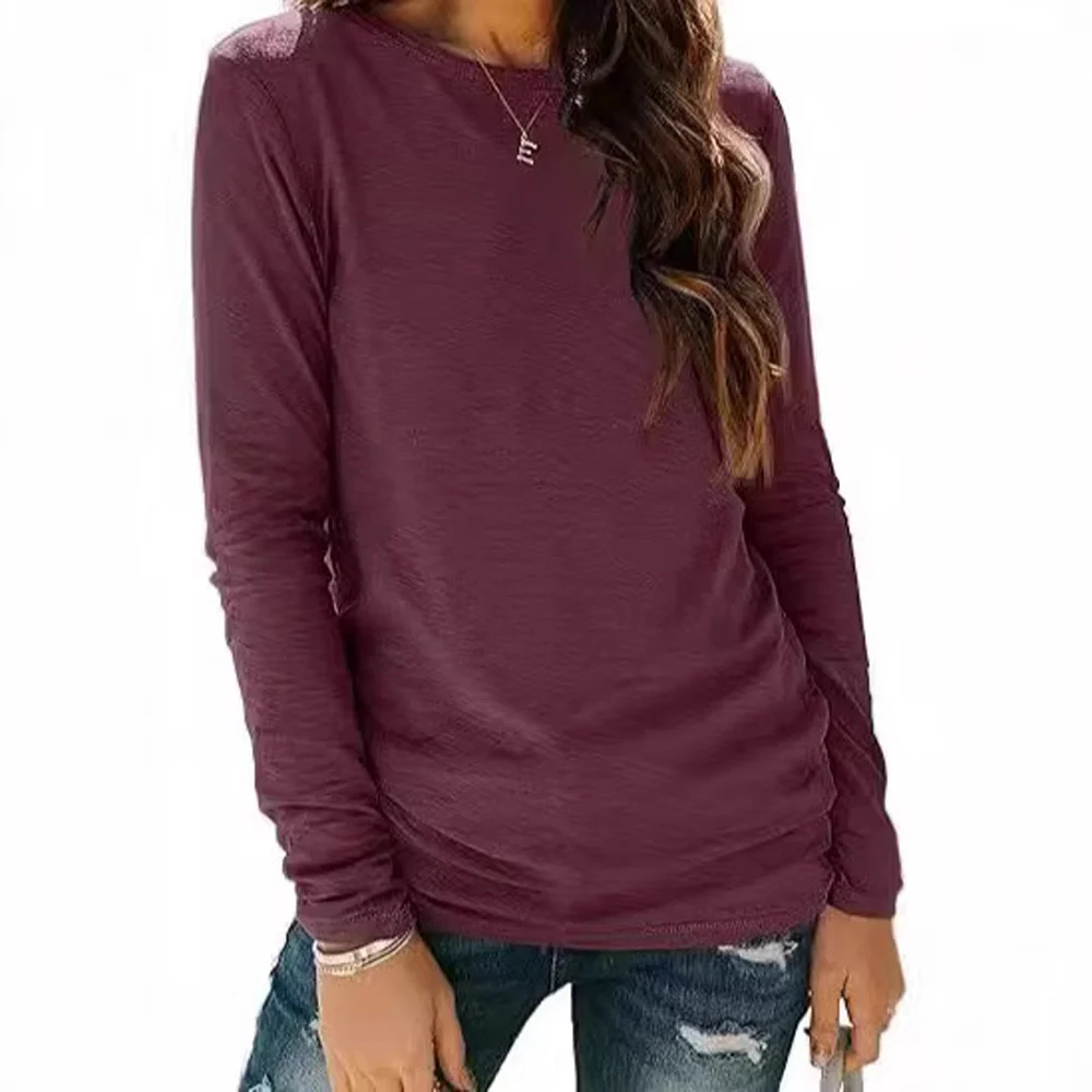 Women Solid Color Long Sleeve T Shirts Autumn Round Collar