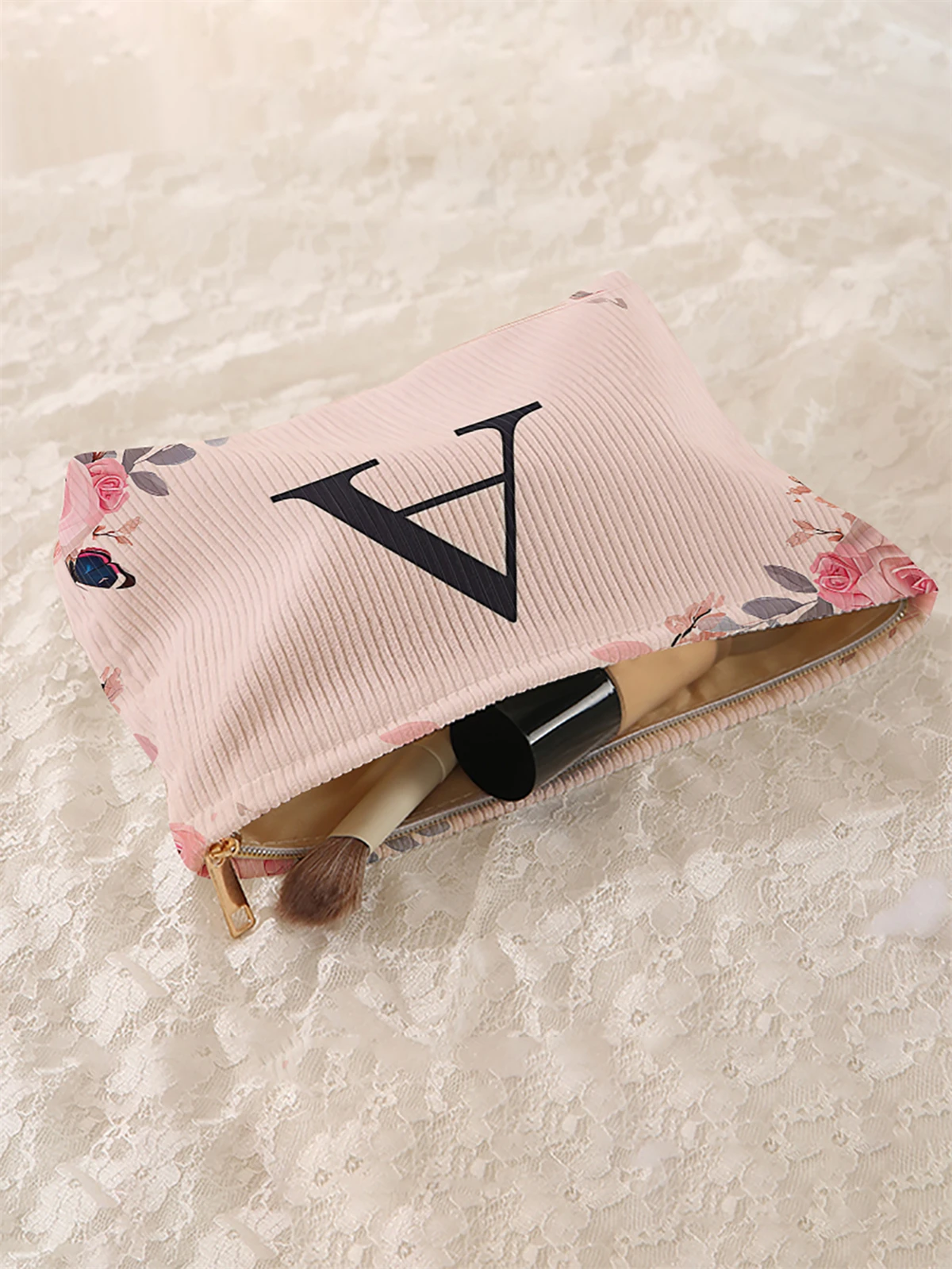 1 letter patterned corduroy makeup bag, lightweight zipper makeup storage box, multifunctional bag with lining