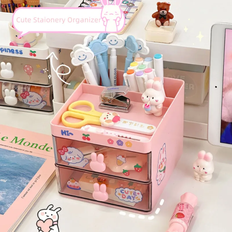 Cute Stationery Organizer Lovely Korean Fashion Pen Holder with Sticker Kawaii High Capacity Desktop Stationery Storage Box