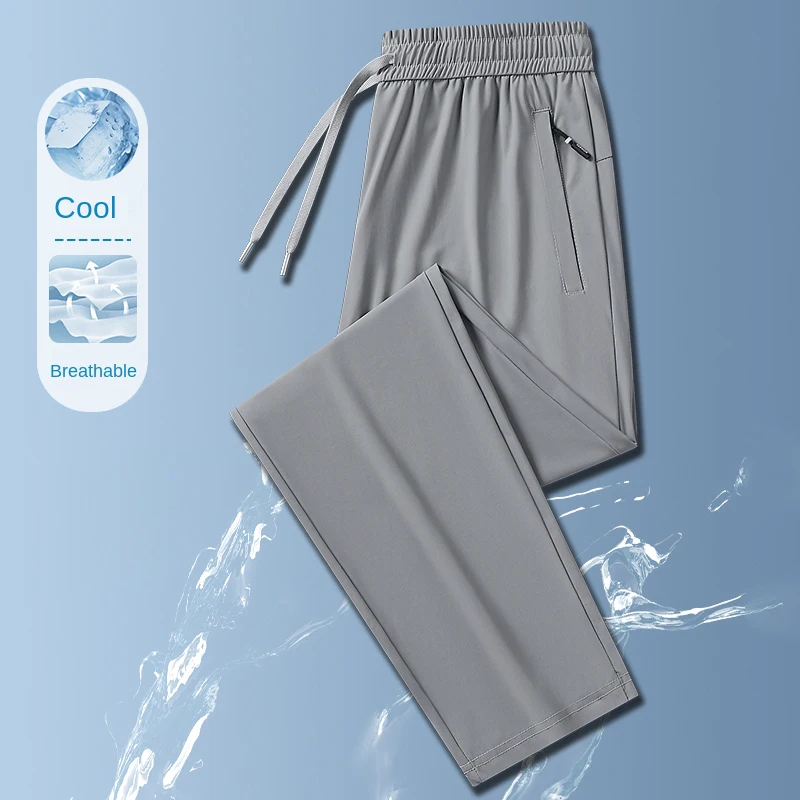 Ice Silk Men's trousers 2024 summer black-and-gray thin style business casual pants outdoor stretch breathable straight leg loos 4