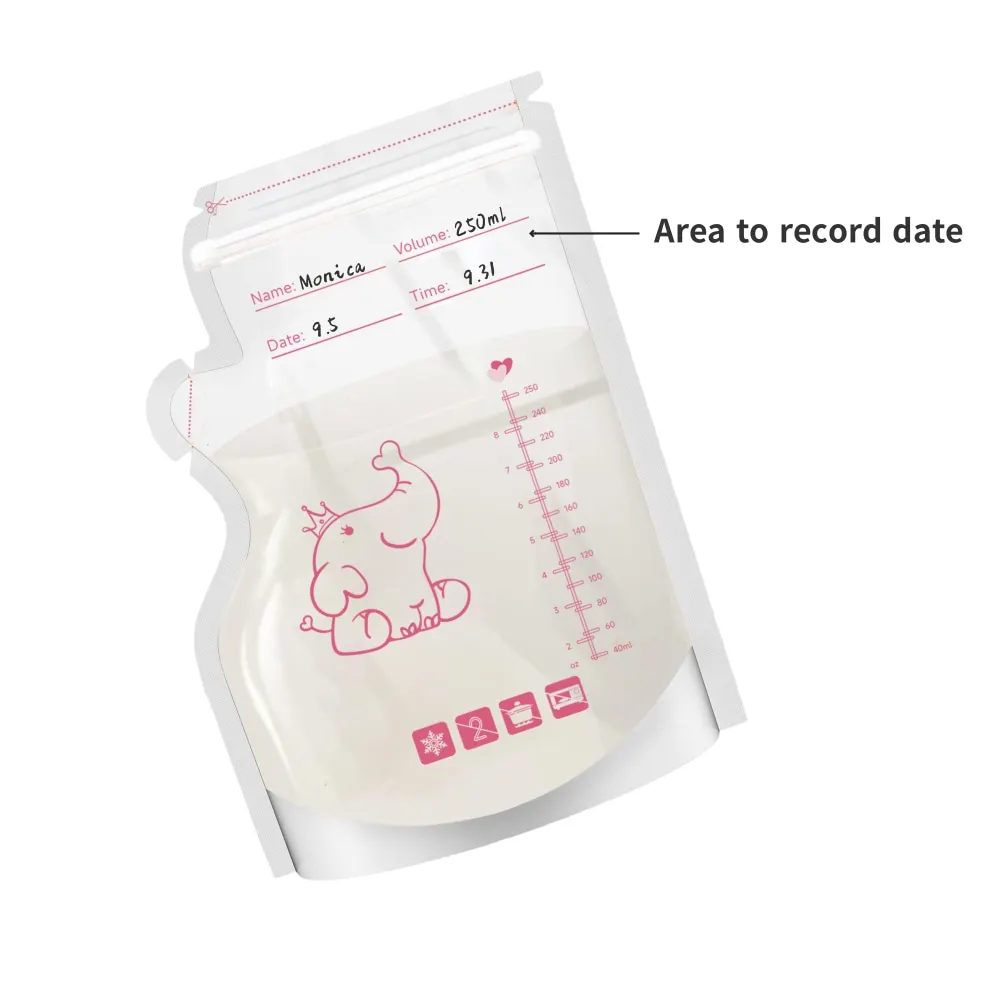 250ml 50pcs breastmilk storage bag elephant printing self standing no leak milk freezer bags BPA free