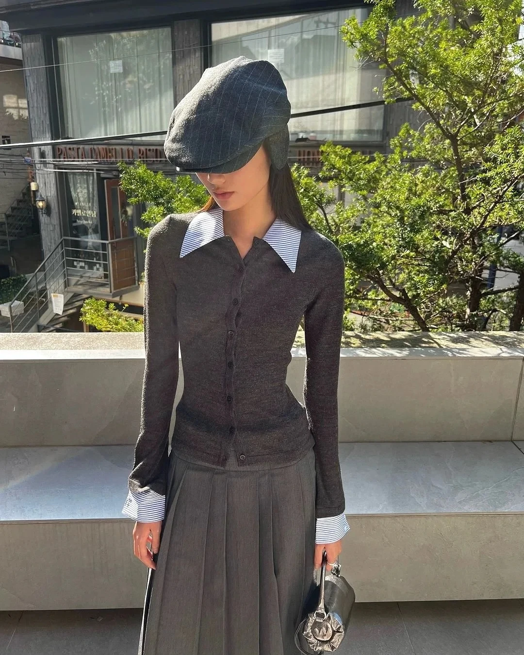 Openyy striped splicing fake two-piece slim fit knitted cardigan sweater wool base sweater 3