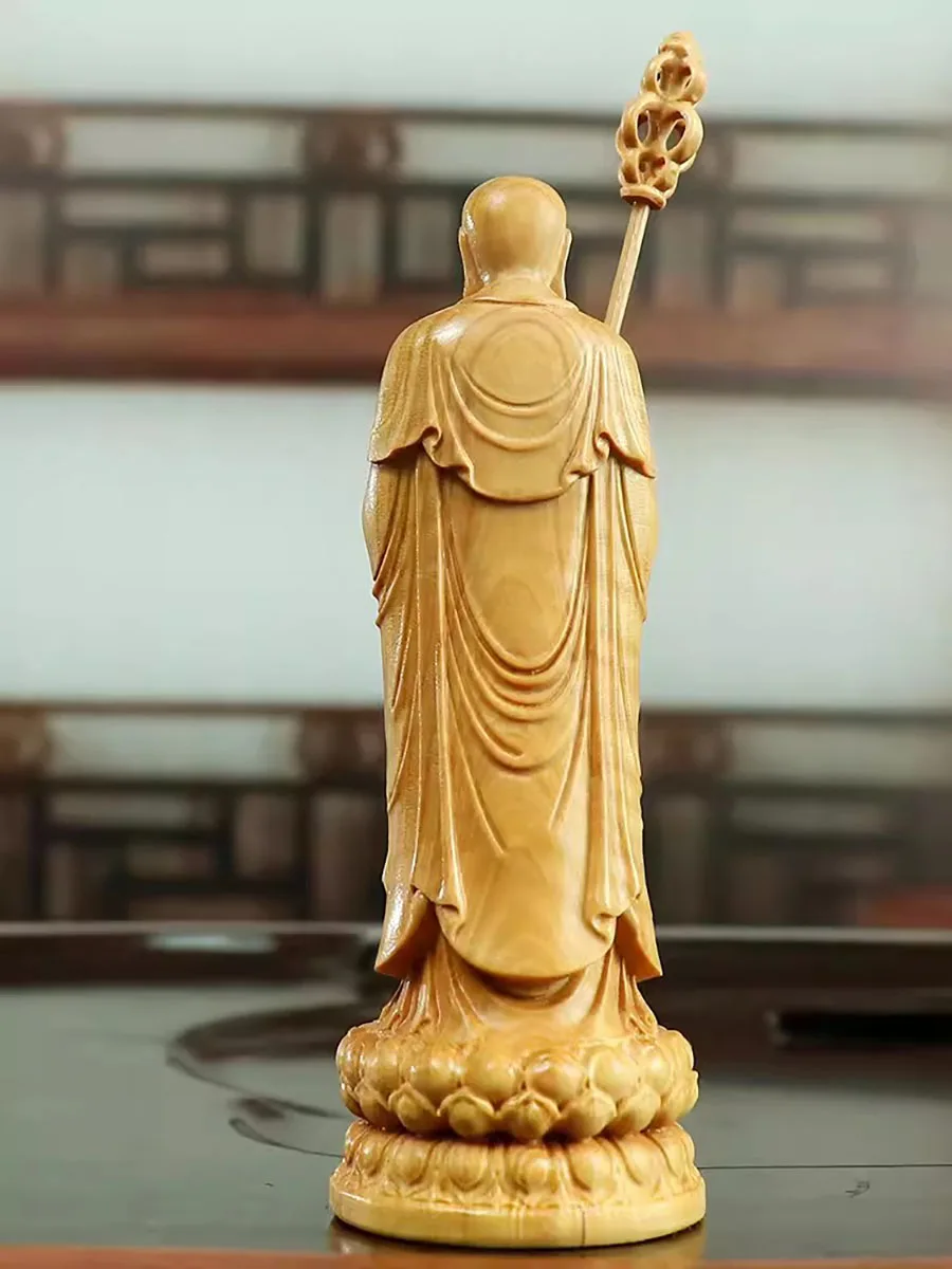 Wooden Carving Art of Buddha Statue in Living Room of Tibetan Ksitigarbha Bodhisattva, Ornament Figurine, Enshrine and Worship