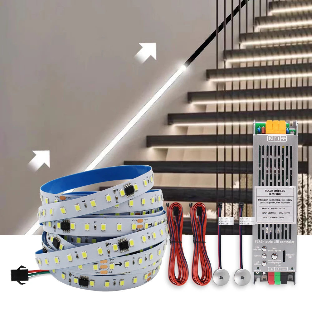 24V Running Water Flowing LED Strip Light 2in 1 PIR Motion Sensor Stair Controller for WS2811 Pixel Chasing Effect Tape Lamp 10M