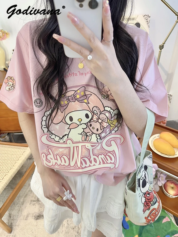 

Sanrio Cute Fashion Printed Half Sleeve T-shirt 2024 Summer New Sweet Round Neck Loose Kawaii Clothes Girly Style Student Tops