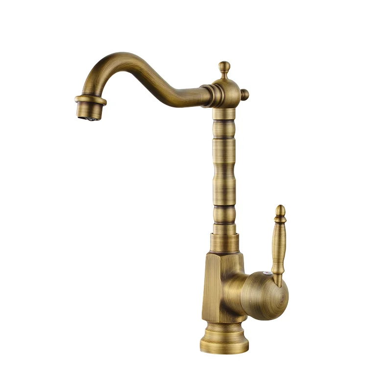 

European antique brass rotary kitchen bathroom faucet crane single handle hole mixer cold and hot faucet with hose