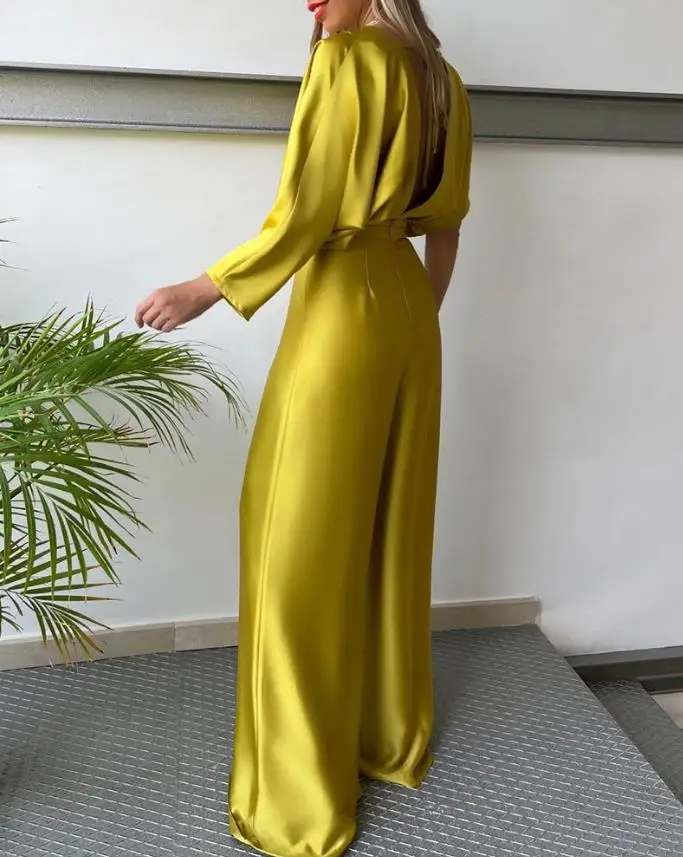 Women Jumpsuit 2024 Spring Satin Asymmetrical Sleeve Wide Leg Jumpsuit Deep V-Neck High Waisted Backless Long Jumpsuit