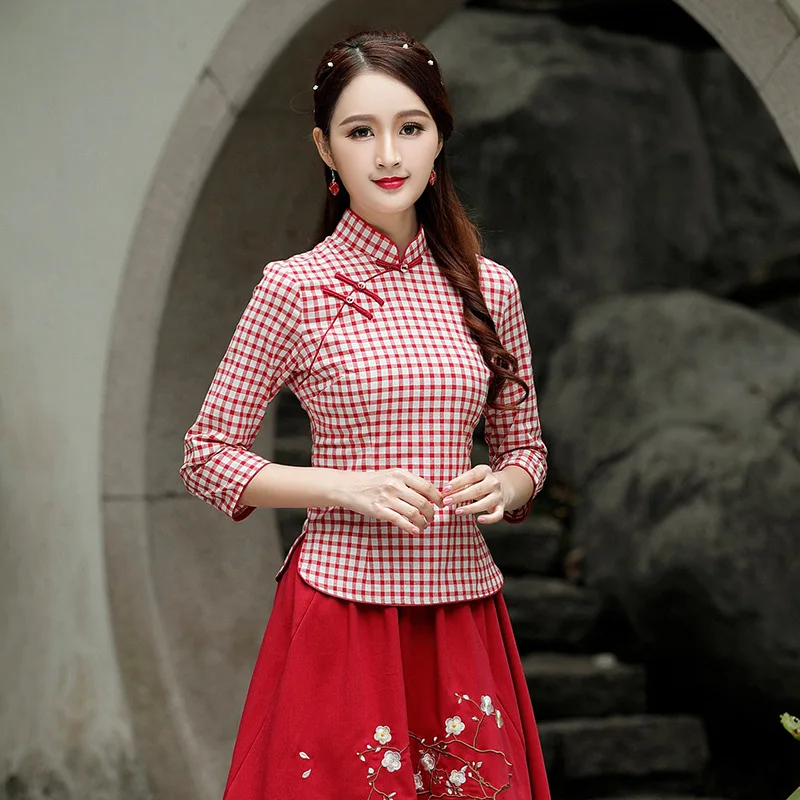 Women Lattice Blouse Shirt 4XL Cheongsam Cotton Blouse Chinois Vintage QipaoTops Grid Seven-quarter Sleeve Chinese Style