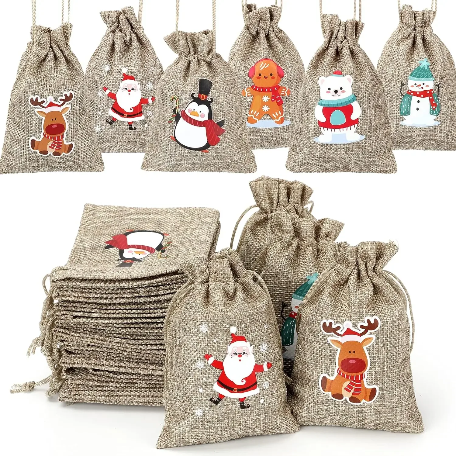 2026 Christmas Advent Calendar Small Christmas Gift Bags Tiny Christmas Burlap Candy Bag Holiday New Year Party Favors Supplies