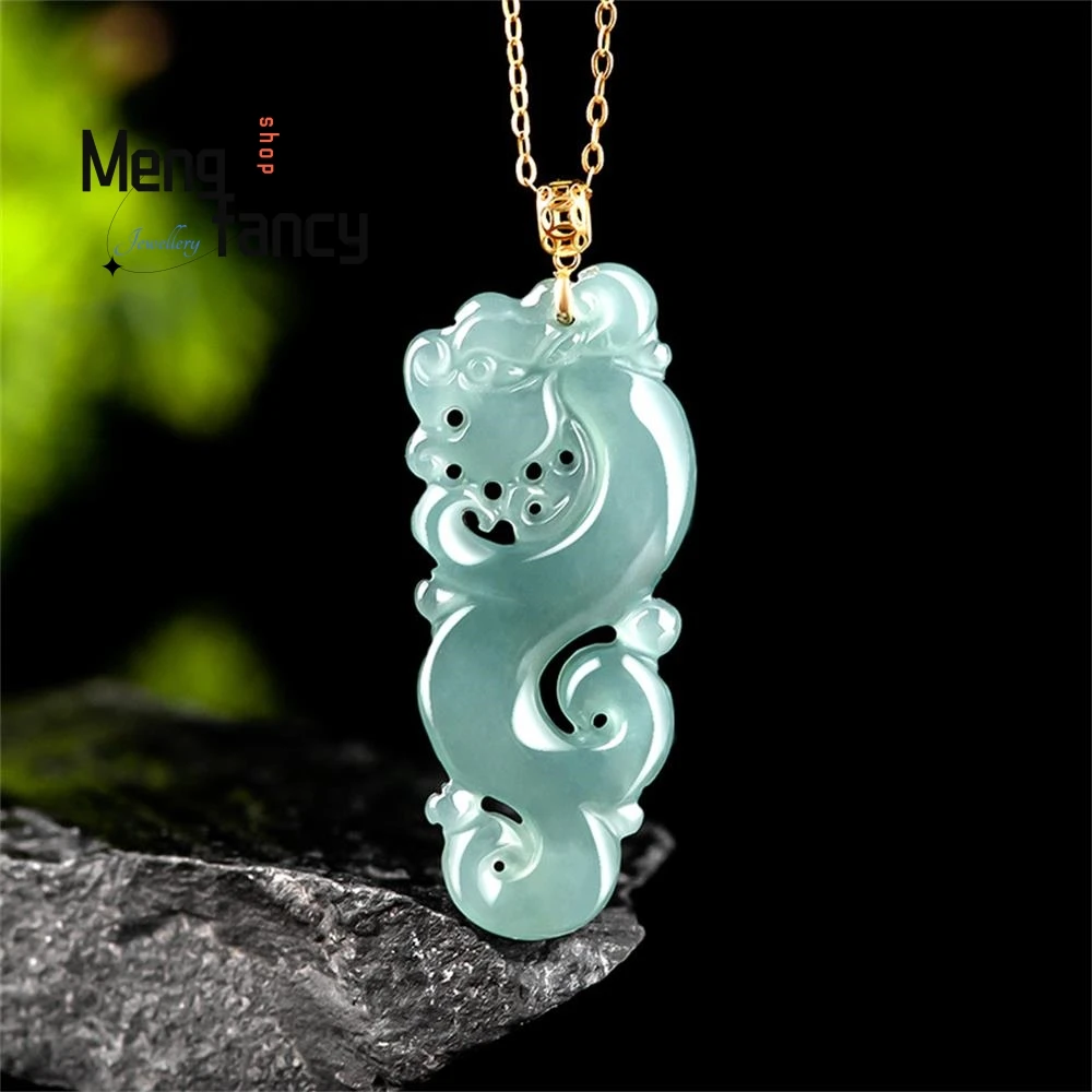 

Natural A-goods Jadeite Blue Water Zodiac Dragon 18K Gold Buckle Ice Jade Pendant Retro Exquisite Luxury Fashion Jewelry Mascots