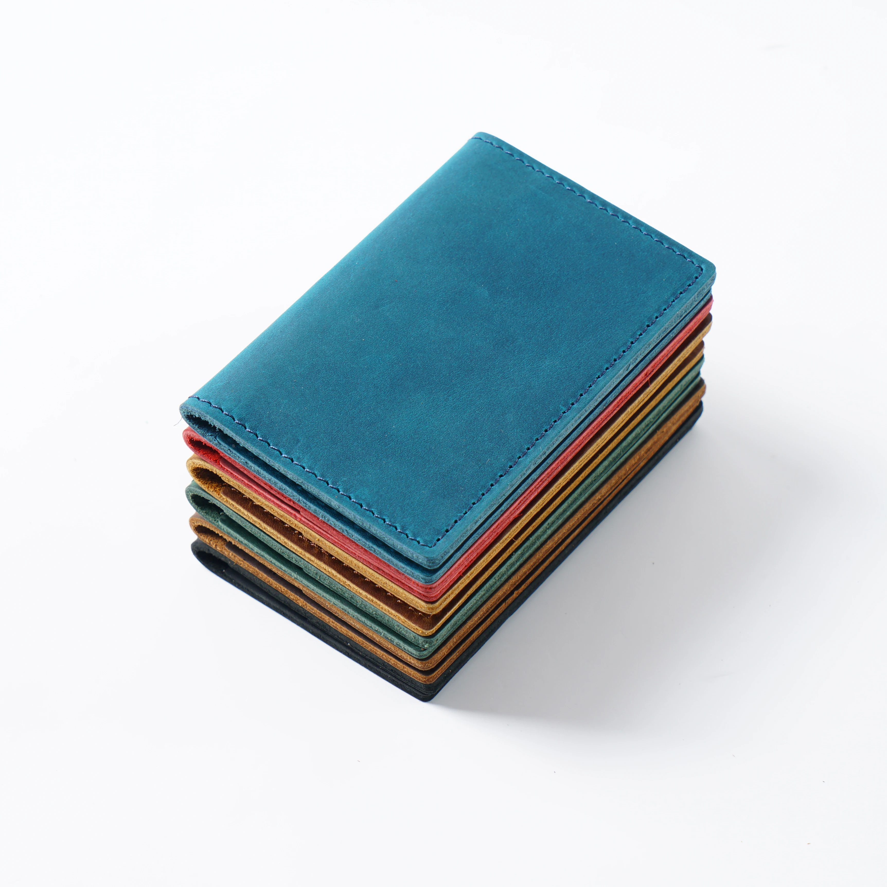 Crazy Horse Leather Wallet-Minimalist Top-Grain Cowhide Card Holder with Stitched Seams for Bank/Membership Cards
