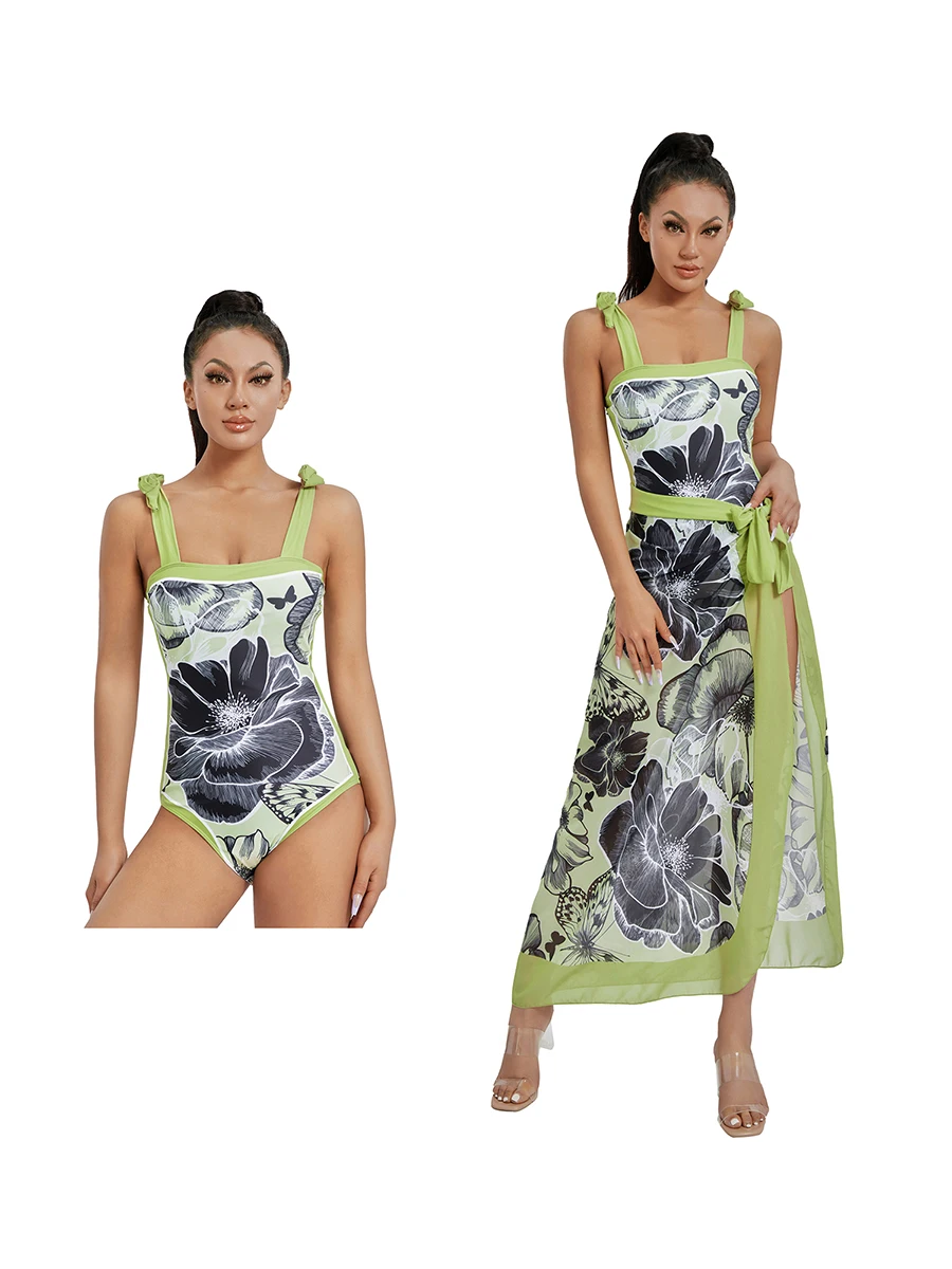 

Floral Print Swimsuit with Maxi Wrap Skirt and Bikini Set - Sexy Tummy Control Swimwear for Women