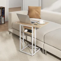 Table d'appoint pour canapé avec plateau pliable et station de charge, forme en C, pour salon, blanc et naturel 1