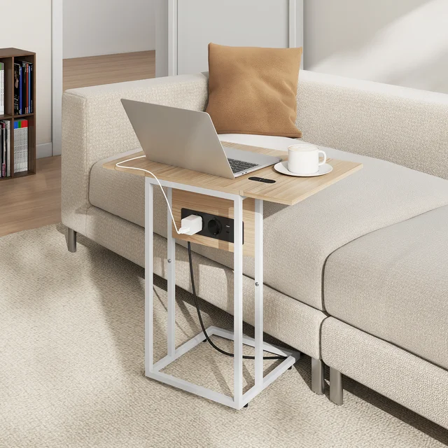 Table d'appoint pour canapé avec plateau pliable et station de charge, forme en C, pour salon, blanc et naturel 1