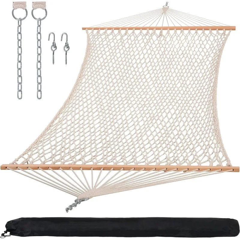 Hammocks Traditional Rope Double Hammock with Hardwood Spreader Bar and Carrying Bag, 450 lbs Capacity